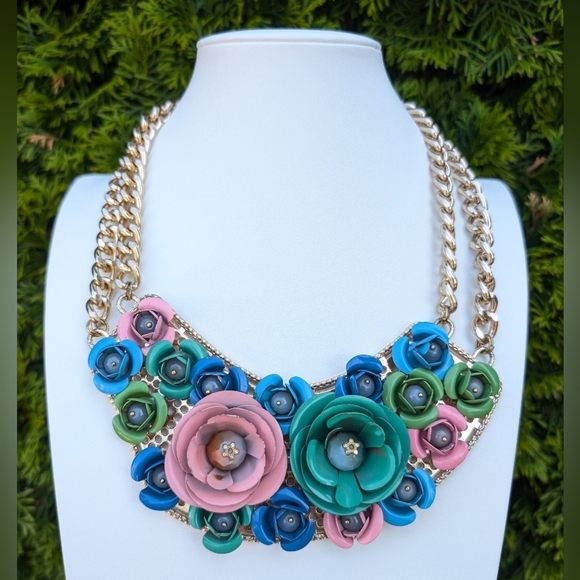 Y2K Floral Chunky Metal Double Chain Statement Bib Necklace - Picture 1 of 6